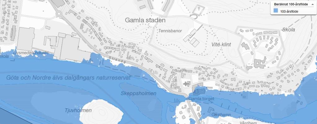 Göta älv och Nordre älv Vid en översvämning kring Göta och Nordre älv som motsvarar ett tänkbart värsta scenario som kan inträffa p.g.a. naturliga orsaker 18 kan bostäder och företag längs Östra Gatan, Strandgatan och Västra strandvägen behöva evakueras.