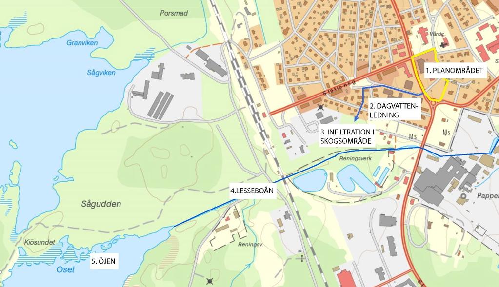 18(23) Det dagvatten som bildas inom planområdet går via dagvattenledningar till ett skogsområde innan det infiltreras till Lesseboån och sedan vidare till Öjen.