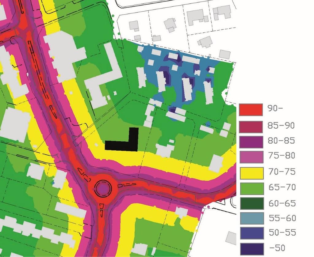 8(23) Kartan visar dygnsmaximal ljudnivå. Svart byggnadskropp representerar ny byggnad. Kartan visar maximal ljudnivå under natt. Svart byggnadskropp representerar ny byggnad. Bedömningen för den föreslagna byggnaden är att 60 dba ekvivalent ljudnivå vid fasad klaras.