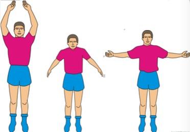 Stå upprätt och ha händerna upp i luften likt illustrationen, gå sedan neråt och sträck tillbaka bröstmuskulaturen och gå sedan upp likt bild tre så du bildar en cirkel av hela övningen 20 30