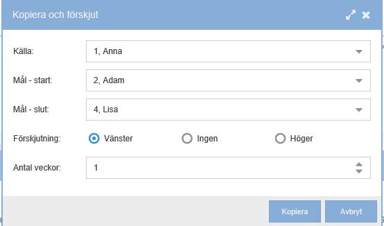 Figur 17 Hjälp att förskjuta arbetstiderna till övriga rader Figur 18 Välj hur du vill förskjuta Klicka på pilen bredvid valet Källa och välj vilken schemarad du vill kopiera från.