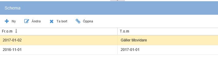 Du skapar då ett datumbryt under schemagruppen. Figur 22 Datumbryt på schemat Ange datum från när ändringen ska gälla. Till och med datum bör aldrig fyllas i.