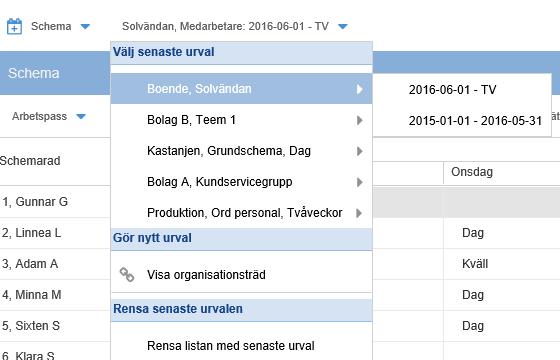 Byta schema När du är inne på ett visst schema och vill byta till ett annat, gör du det enklast genom att klicka på schemats namn.