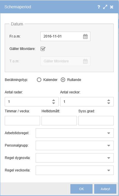 Grundinformation Figur 4 Här fyller du i egenskaperna för schemat Ange det datum som det nya schemat ska gälla från. (Tom-datum bör aldrig fyllas i).