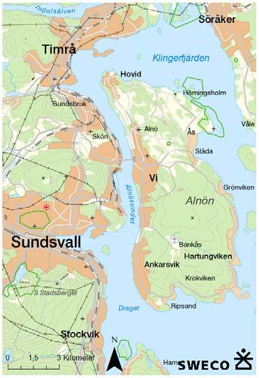 På Alnön finns två större samhällen, tätorten Vi som ligger vid Alnöbrons brofäste och Ankarsvik som ligger på den sydvästra delen av ön. Figur 1: Översiktskarta Sundsvall och Alnön.