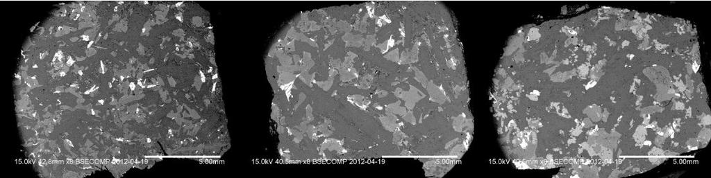 Fig. 4. a) en utsågad bit från provet vid 1 m. b) 4 m och c) från 32 m. De ljusaste kristallerna är oxidmineral, ljusgrå pyroxen och mörkgrå plagioklas.