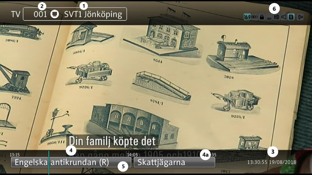 9. Mottagarens funktioner i Pågående program Varje gång du byter kanal eller när du trycker på Info-knappen på fjärrkontrollen, kommer information om kanalen/programmet du valt att visas på skärmen.