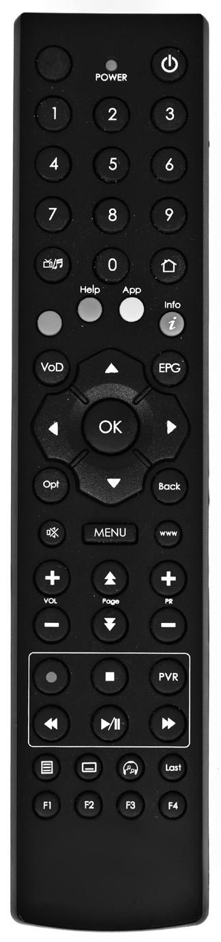 5. Fjärrkontroll Numeriska knappar Växlar mellan TV/ Radio läge Funktionstangent Används i menyer (Video On Demand) Film Bibliotek Bekräfta val Används i menyer Ljud av/på Huvudmenyn i mottagaren