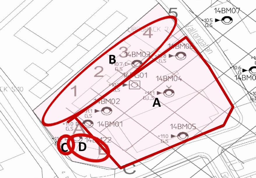 Figur 8. Indelning av delområden för kompletterande undersökning. Provtagningspunkterna som visas i kartan är från Bjerkings undersökning 2015-02-11. Som redogjorts för i avsnitt 2.