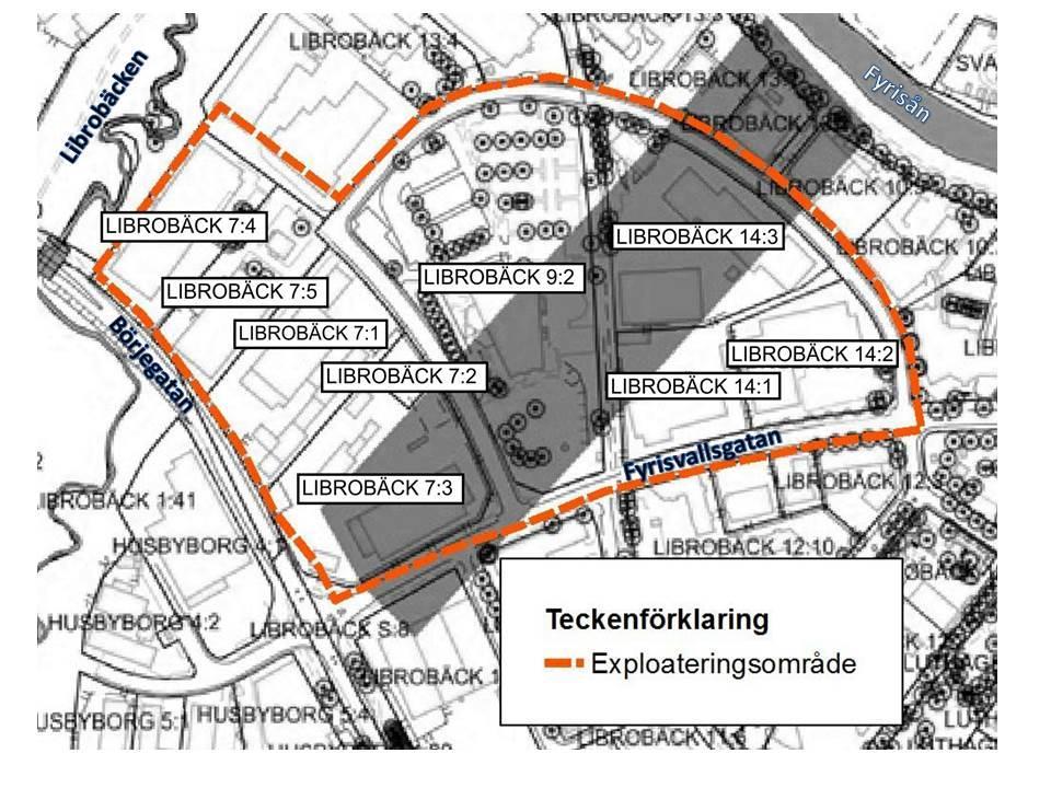Exploateringsområdet för Börjetull markerat med orange. Librobäck 7:2 och 7:3 markerat med en gul cirkel.