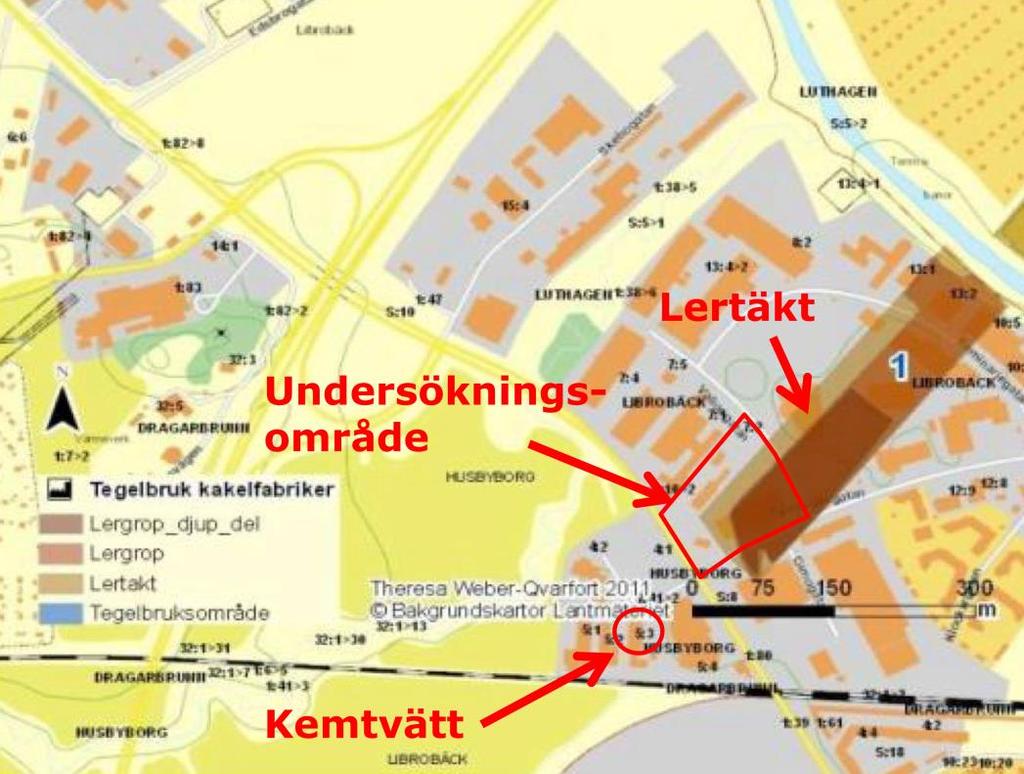 Figur 3. Lertäktens utbredning samt kemtvätten Librotvättens läge i förhållande till aktuellt undersökningsområde. Källa: Theresa Weber-Qvarforts rapport Lertäkter i Uppsala. 1.2.
