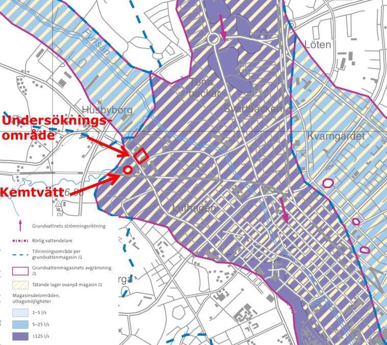 Figur 4. Grundvattenmagasin i jordlager. Källa: Sveriges Geologiska Undersökning, SGU. Området är således även beläget inom Uppsalaåsen-Uppsala grundvattenförekomst (VISS 2 ).