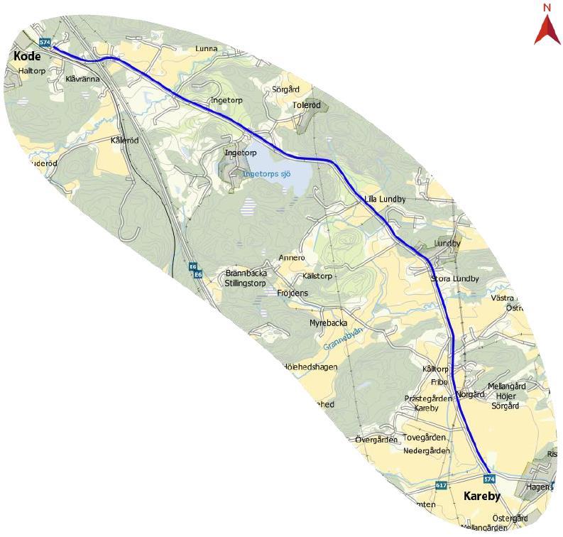 Aktuellt förslag (2016-2017) Gång- och cykelvägen förläggs på östra sidan hela vägen mellan Kareby och Kode De främsta motiven till förslaget: ansluter mot befintliga gång- och cykelvägar i söder och
