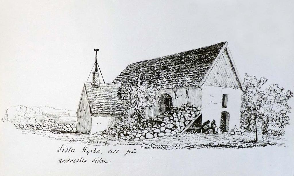 Figur 4. Teckning som visar Lista kyrka under 1860 talet, ritad av Olof Hermelin. Källa: ATA.