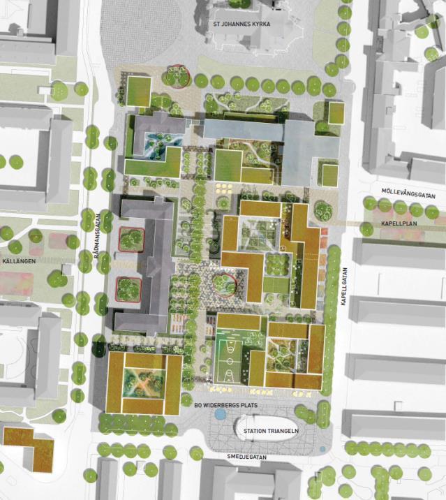 Fyra arkitektkontor gav förslag på hur området kan utvecklas och ett av förslagen (Sydväst & Rundquist) visar på möjligheter för större verksamhetsytor närmast den södra uppgången.