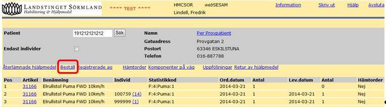 Klicka på Beställ för att lägga en order.