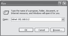 Switch Access 6.2 Access through Telnet Step 1:Connect the network port of a PC to the Ethernet port of the switch with a network cable. Step 2:On the Windows desktop, click Start and Run.