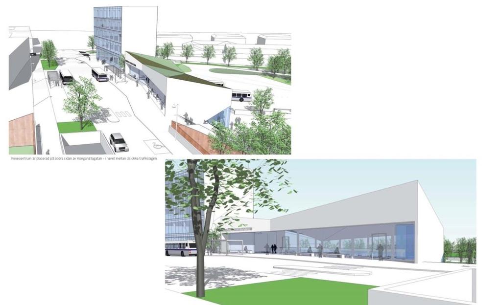 Illustration: vy från väster med utblick över resecentrumområdet Illustration: vy Kongahällagatan med hållplatser för genomgående busstrafik Miljökraven för Kungälvs resecentrumbyggnad