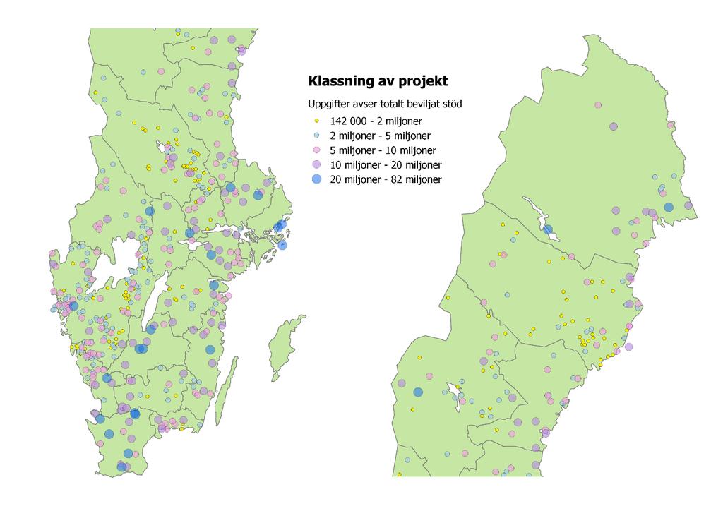 Västra Götaland har flest beviljade projekt, det syns i figur 4. Det är ett stort län och de tilldelades en stor budget.