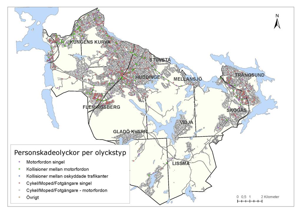 Bilaga 3. Olyckskartor Nedan redovisas kartor över var de olika olyckstyperna inträffar på det kommunala vägnätet.