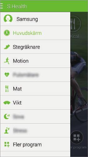 S Health Använda menyerna i S Health Tryck lätt på för att öppna de olika menyerna. Min profil Öppna huvudskärmen för S Health. Välj för att använda menyerna.