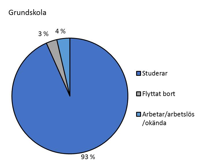 Figur 11. Andel (%) niondeklassister 2014 efter verksamhet 2015 Not: Det fanns totalt 154 utexaminerade från lyceet och 245 utexaminerade från yrkesgymnasiet 2014.