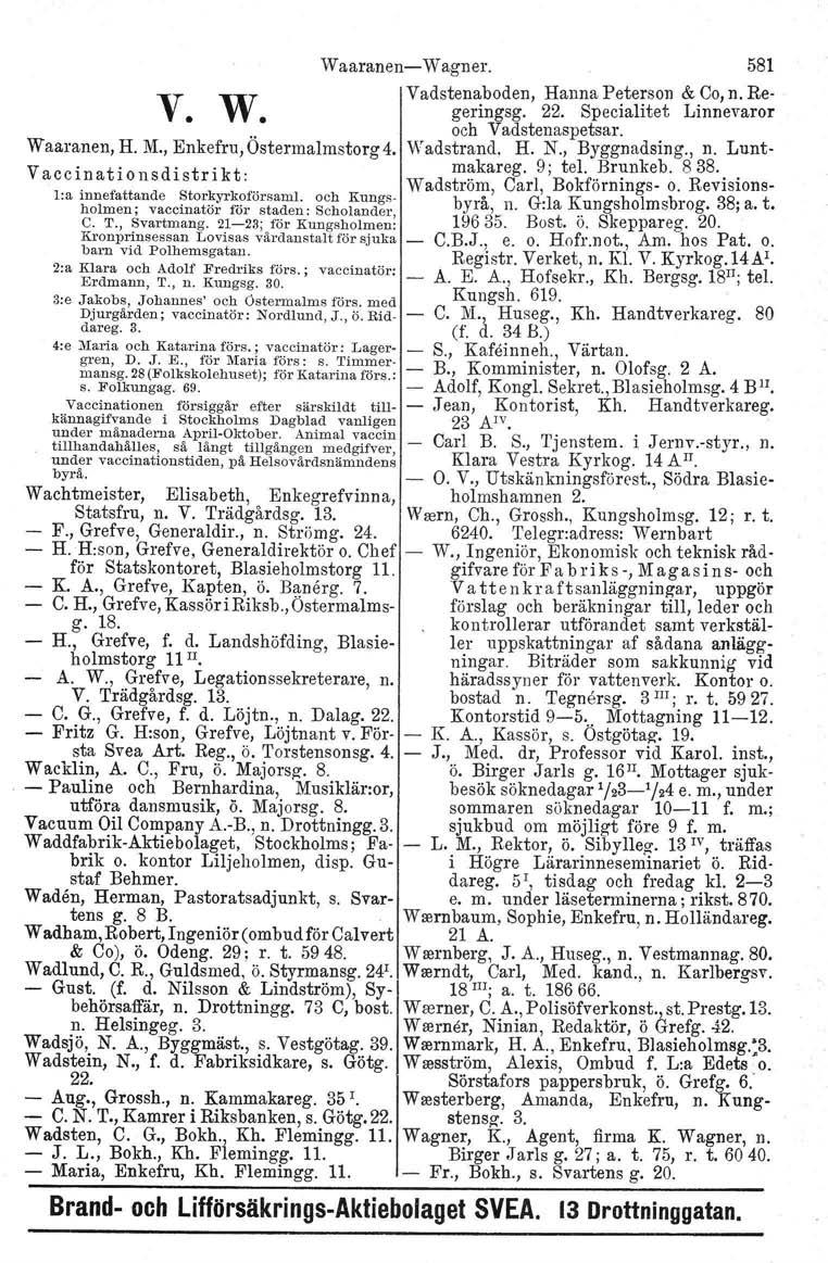 v. w. Waaranen, H. M., Enkefru, Östermalmstorg 4. Waaranen- Wagner. 581 Vadstenaboden, Hanna Peterson & Co, n. Regeringsg. 22. Specialitet Linnevaror och Vadstenaspetsar. Wadstrand, H. N.