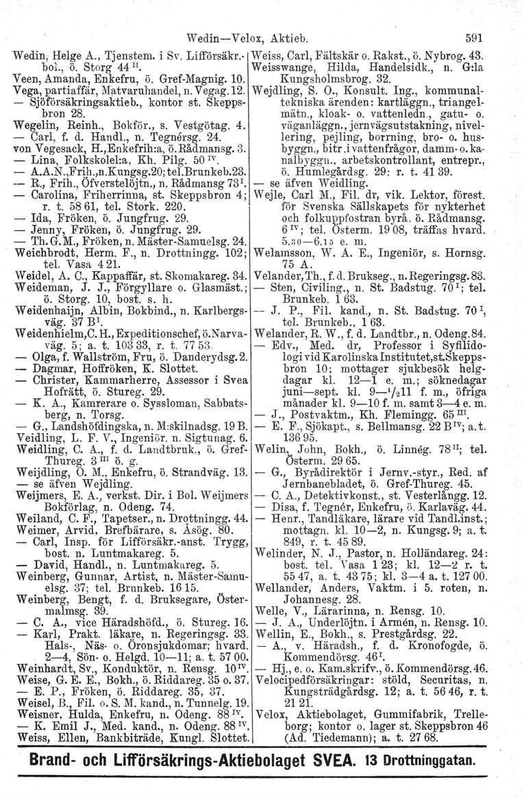 Wedin-Velox, Aktieb. 591 Wedin, Helge A., Tjenstem. i Sv. Lifförsäkr. Weiss, Carl, Fältskär o. Rakst., ö. Nybrog. 43. bol, ö. Storg 44 II. Weisswange, Hilda, Handelsidk., Il.