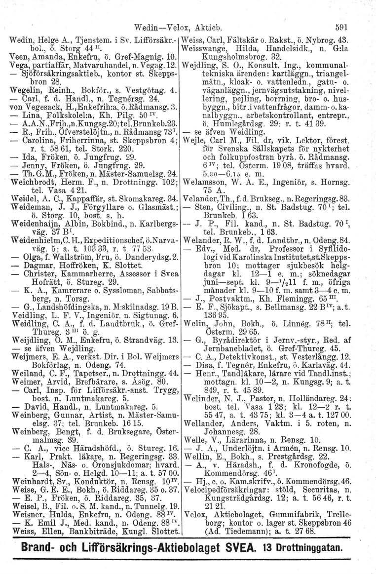 Wedin-Velox, Aktieb. 591 Wedin, Helge A., Tjenstem. i Sv. Lifförsäkr. Weiss, Carl, Fältskär o. Rakst., ö. Nybrog. 43. bol, ö. Storg 44 II. Weisswange, Hilda, Handelsidk., Il.