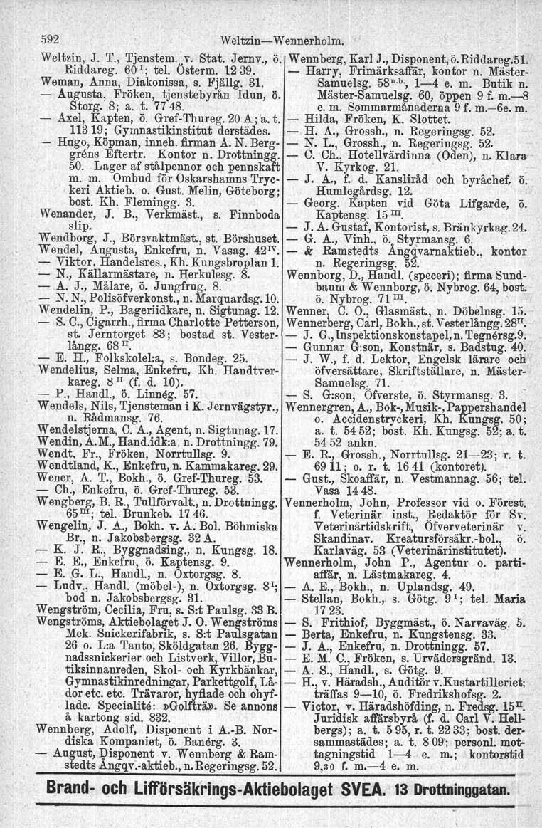 592 Weltzin- Wennerholm. Weltziu, J. T., Tjenstem -.'.v. Stat. Jernv., ö. Wennberg, Karl J., Disponent,ö.Riddareg.5L Riddareg. 60 1 ; tel. Osterm. 1239. - Harry, Frimärksaffär, kontor n.