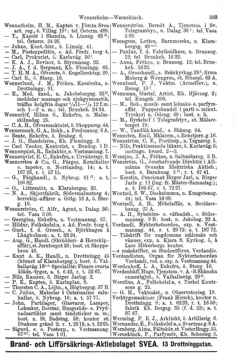 Wennerholm- Wernekinck. 593 Wennerholm, H. M., Kapten v..första Svea Wennerström, Berndt A., Tjenstem. i Sv. art. reg., ö. Villag. 19 ' ; tel. Osterm. 489. 'I'elegrarnbyr., n. Dalag. 36 '; tel.