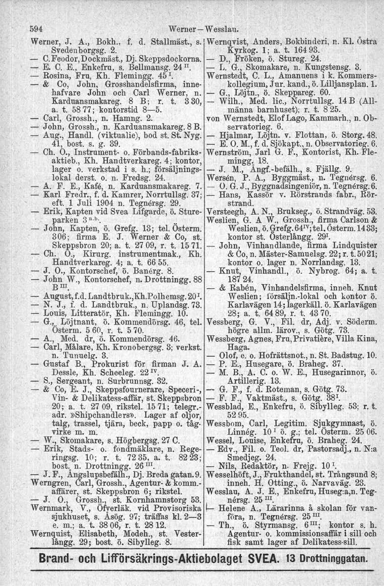 594 Werner- Wesslau. Werner, J. A., Bokh., f. d. Stallmäst., s. Wernqvist,.Anders, Bokbinderi, n. Kl. Östra Svedenborgsg.. 2. Kyrkog. l; a. t. 16493. - C.Feodor,Dockmäst., Dj. Skeppsdockorna. - D.