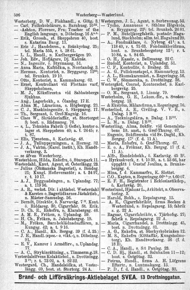 , 596 Westerberg- Wasterlund. Westerberg, D. W., Fiakhandl., s. Götg, 3. Westergren, J. L., Agent, n. Surbrunnsg. 53. ', - Carl, Folkskolelärare, n. Barnhusg. 10 m. - Tycho, Amanuens v.