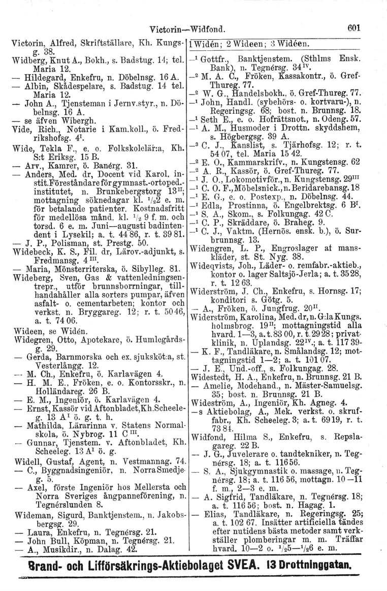 Victorin- Widfond. Victorin, Alfred, Skr iftställarc, Kh. Kungs- 1Widen; 2 Wideen; :3Wideen. g. 38. Widberg, Knut A., Bokh., s. 13adstug. H; tel. _1 Gottfr., Banktjenstem. (Sthlms Ensk. Maria 12.