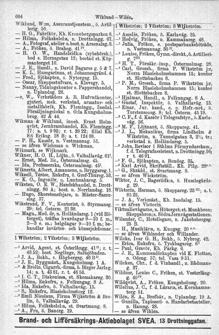 G04 Wiklund - WiJen. Wiklunq, W:m, Assuranstjenstem., lerig. 50. ö. Artil: l Wikström; 2 Vikström; 3 Wijkström.. ----- - H. G., Fabrikör, Rh. Kronobergsparken S. -' Amelie, Fröken, ö. Karlaväg. 25.