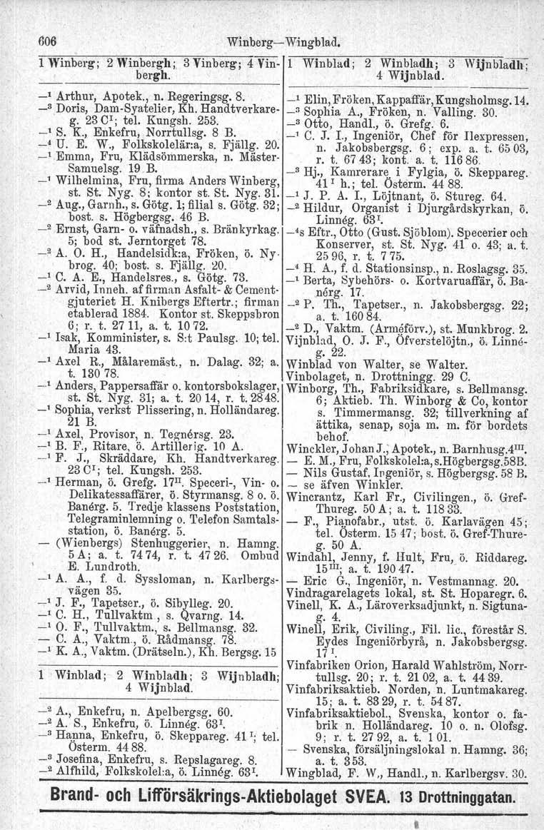 606 Winberg- Wingblad. 1 Winberg;2 Winberghj, 3 Vinberg; ---~----------~-~- 4 Vin- 1 Winblad; 2 Winbladh; 3' Wijnbladll; bergh. 4 Wijnblad. _1 Arthur, Apotek., n. Regeringsg. 8.