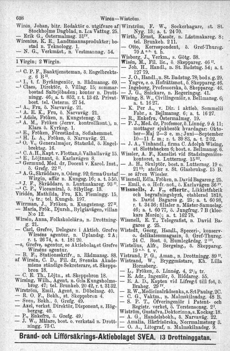 608 Wiren- Wiström. Wiren, Johan, bitr, Redaktör '0. utgifvare afl Wirström, F. W., Sockerbagare, st. St. Stockholms Dagblad, n. L:a Vattug. 25. Nyg. 13j a. t. 2470. Erik G., Östermalmsg. 3pv.