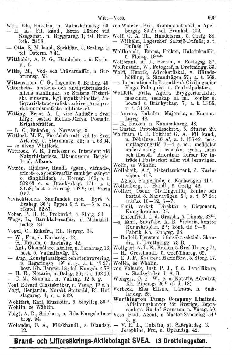 Witt-- Voss. 609 Witt, Eda, Enkefru, n. Malmskilnadsg. 60. von Wolcker, Erik, Kammarrättsråd, n. Apel- - H. A., Fil. kand., Extra Lärare vid bergsg. 39 A; tel. Brunkeb, 402. Skogsinst., n. Bryggareg.