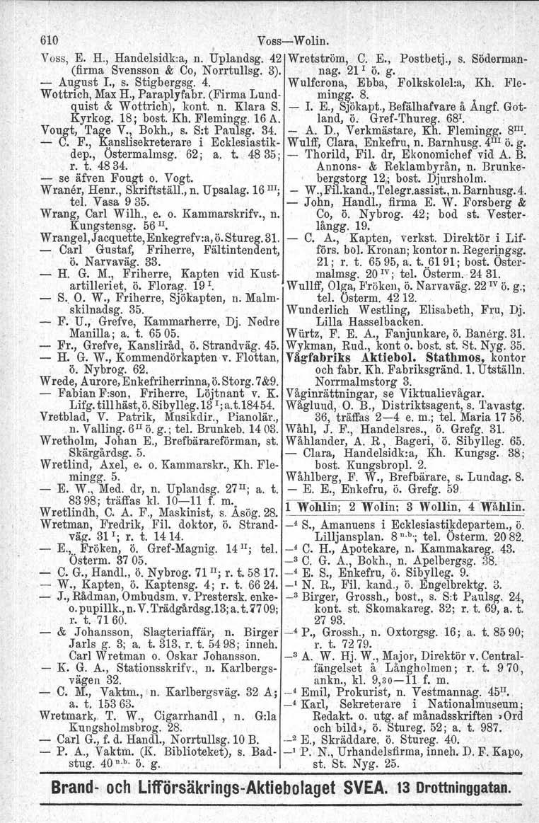 610 Voss-Wolin... Voss, E. H., Handelsidk:a, n. Uplandsg. 42 Wretström, C. E., Postbetj., s. Söderman- (firma Svensson & Co, Norrtullsg. 3). nag, 21 IÖ. g.. -'- August L, s. Stigbergsg. 4. Wulfcrona, Ebba, Folkskolel:a, Kh.