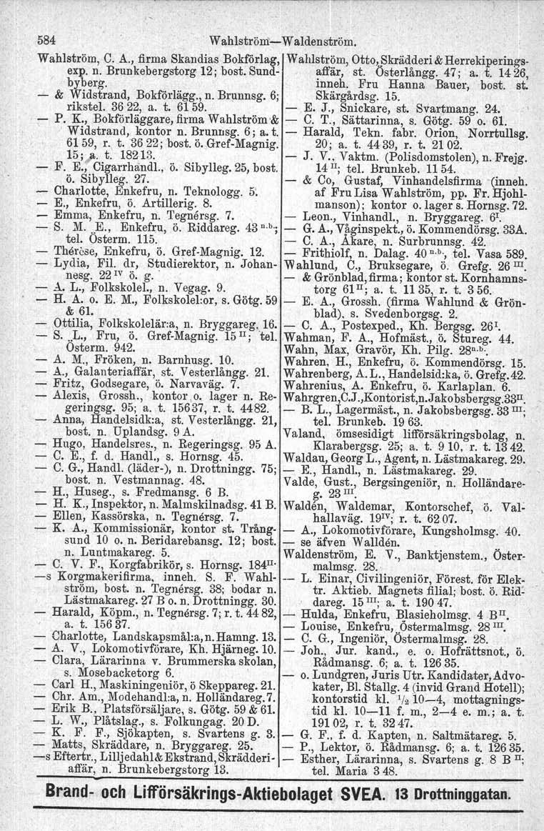 584 Wahlström- Waldenström. Wahlström, C. A., firma Skandias Bokförlag, Wahlström,Otto..Skrädderi&Herrekipering-sexpo n. Brunkebergstorg 12j bost.sund- o affär, st. Osterlångg.47; a. t. 1426, byberg.