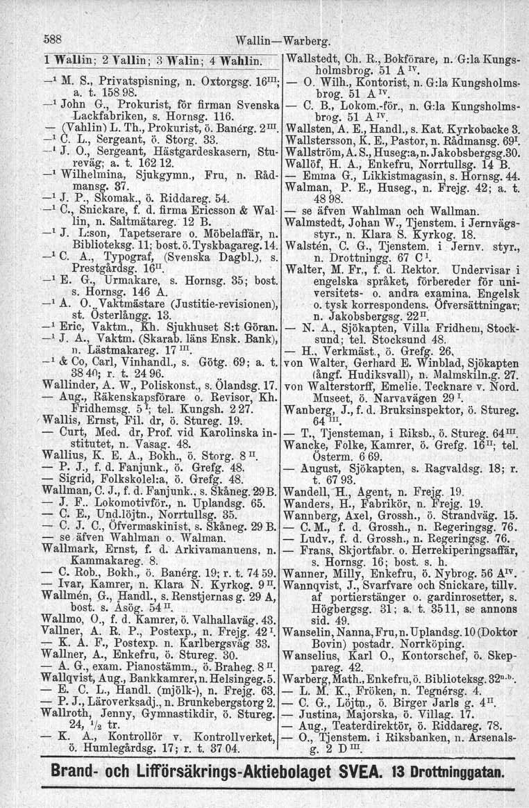 588 Wallin-Warberg. 1 WaUin; 2 Vallin; :3 Walin; 4 Wahlin.. Wallstedt, Ch. R., Bokförare, n. 'G:la Kungsholmsbrog. 51 A IV. -' M. S. Privatspisning, n. Oxtorgsg. 16 III ; - O. Wilh., Kontorist, n.
