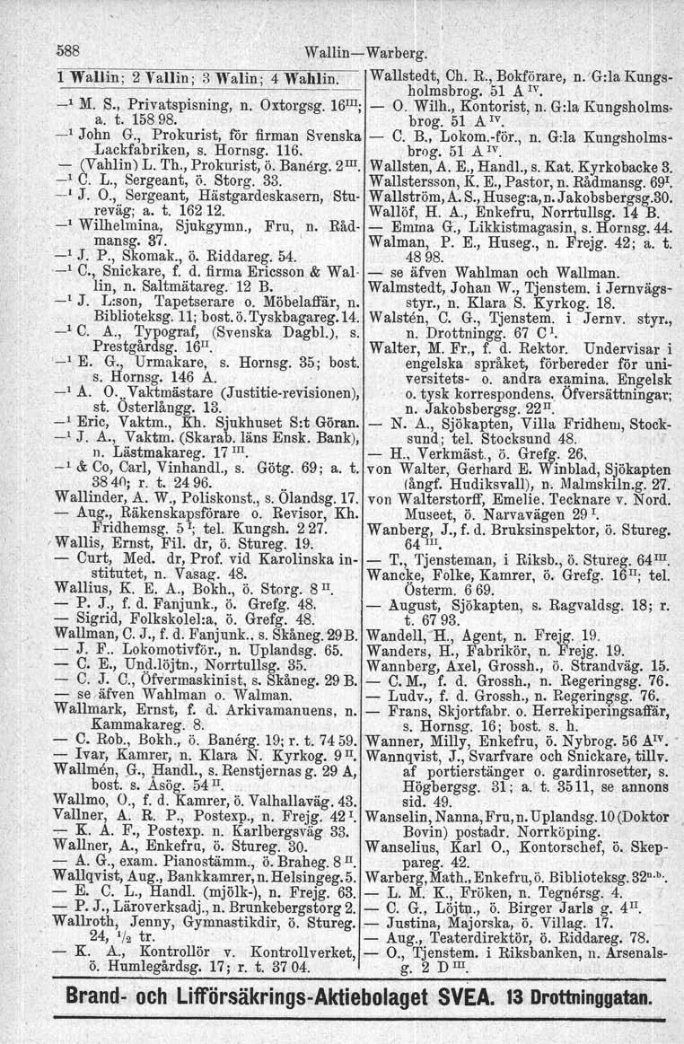 588 Wallin-Warberg. 1 WaUin; 2 Vallin; :3 Walin; 4 Wahlin.. Wallstedt, Ch. R., Bokförare, n. 'G:la Kungsholmsbrog. 51 A IV. -' M. S. Privatspisning, n. Oxtorgsg. 16 III ; - O. Wilh., Kontorist, n.