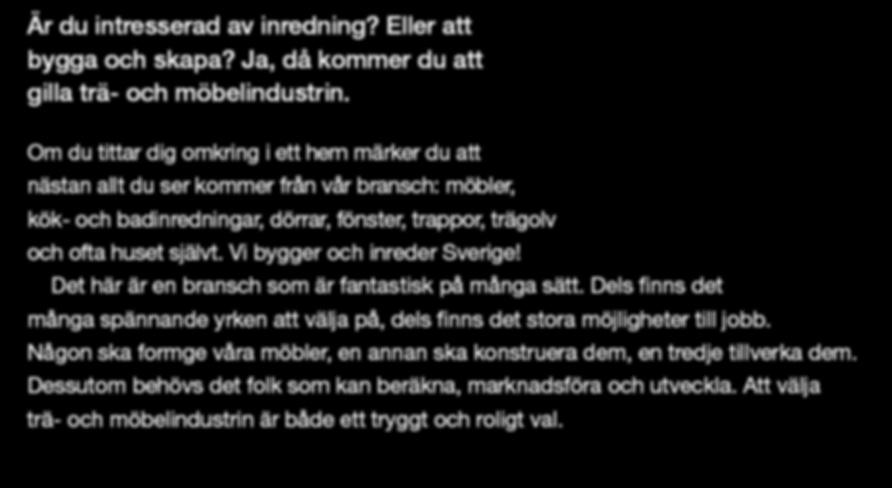 vår bransch: möbler, Tarkett kök- och badinredningar, dörrar, fönster, trappor, trägolv NorDan Kabe och ofta huset självt. Vi bygger och inreder Sverige!