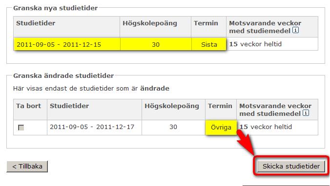 Steg 6 6. Granska studietiderna och tryck på knappen Skicka studietider. Ändringen skickas nu till CSN. Steg 7 I tabellen kan du se att studietiden har ändrats.