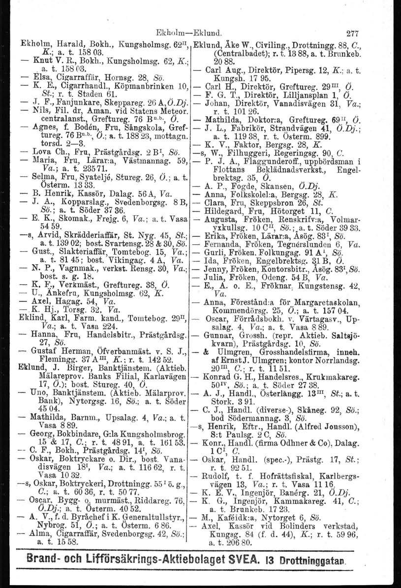 Ekhulm-e-Eklund. 277 Ekholm, Harald, Bokh., Kungsholmsg.Bs", Eklund, Åke W., Civiling., Drottningg. 88, C., K.; a. t. 158 03. Knut V. R., Bokh., Kungsholmsg. 62, K.; (Central badet); r. t. 1388, a. t. Brnnkeb.