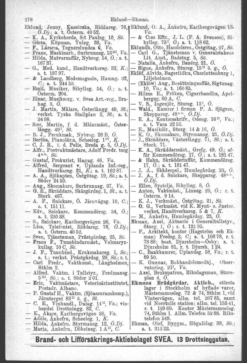 278 Eklund-Ekman. Eklund, ~enny, Kassörska, Riddareg. 76, Eklund, O. A., Änkefru, Karlbergsvägen 13,.O.DJ.; a. t. Österm. 4052. Va. - K. A., Kyrkoherde, S:t Paulsg. 10, Sä. - & C:os Eftr., J: L. (F.