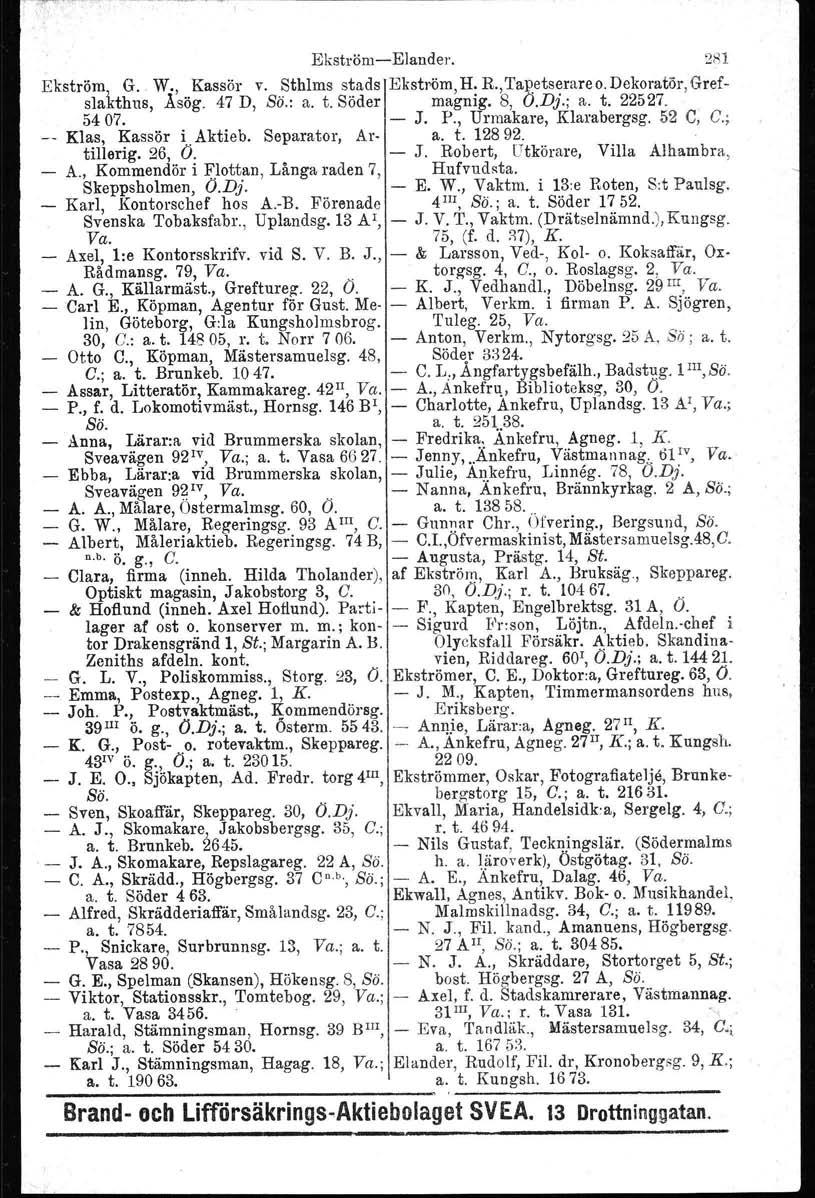 Ekström-EJander. 281 Ekström, G. W., Kassör v. Sthlms stads Ekström, H. R., Tapetserare o.dekoratör, Grefslakthus, Åsög. 47 D, Sö.: a. t. Söder magnig. 8, O.Dj.; a. t. 22527.. -- 5407. - J. P.