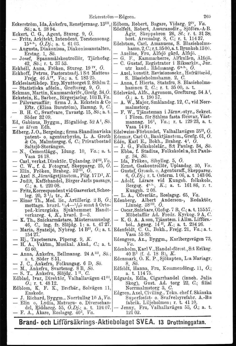 Eckerström - Edgren. 26\) Eckerström, Ida, Änkefru, Renstjemasg.Td'", Edbom, Robert, Bagare, Vidarg. 2 IV, Va. So.; a. t. 3894.. Edelfelt, Robert, Assuransdir., Sjöförs.-A-B. Eckert, C. G.