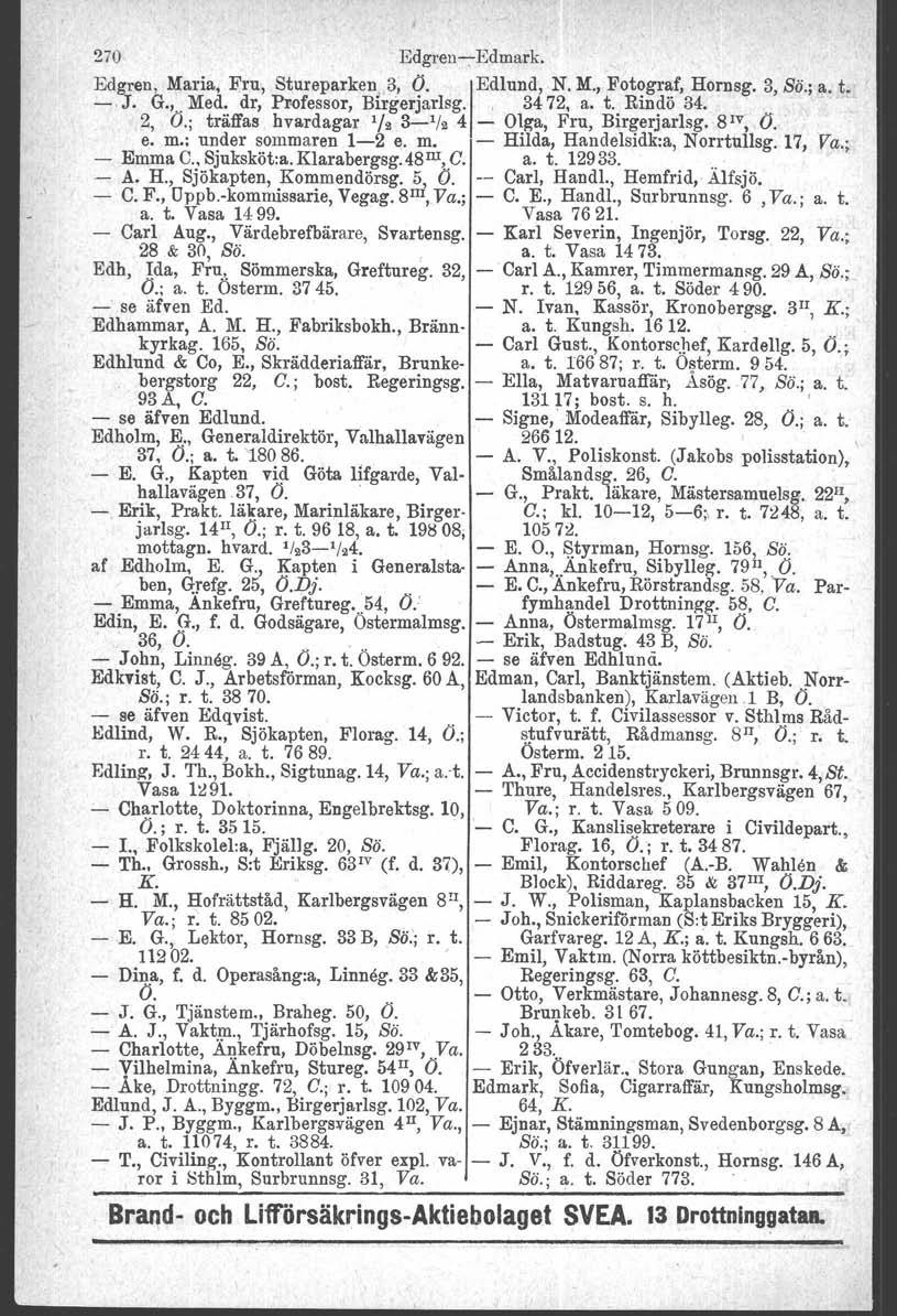 270 Edgren-e-Edmark. Edgren, Maria, Fru, Stureparken,3, O. ledlund,. N. M., Fotograf, Hornsg. 3, Sö.; a. t. -, J. G.,. Med. dr, Pr-ofessor, Birgerjarlsg., 3472, a. t. Rindö 34. '., 2, O.; träffas.