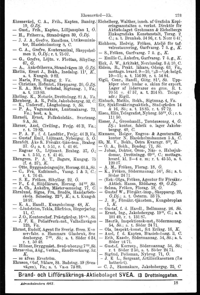 Ehrensvärd-Ek. 273 Ehrensvärd, C. A., Frih., Kapten, Banerg'l Eichelberg, Walther, inne.h. af Grafiska Kopi- 10, O.Dj... eringsanstalten o. verkst. Direktör för - Gust., Frih., Kapten, Lilljansplan 1, O.